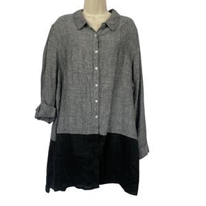 Tahari Linen Tunic Top Womens 2X Gray Black Button Front Colorblock Lagenlook